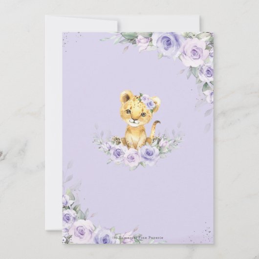 パープル薄紫フローラかわいいライオンかわいい女の子ベビーシャワー 招待状 (裏面)