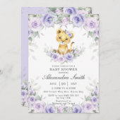 パープル薄紫フローラかわいいライオンかわいい女の子ベビーシャワー 招待状 (正面/裏面)