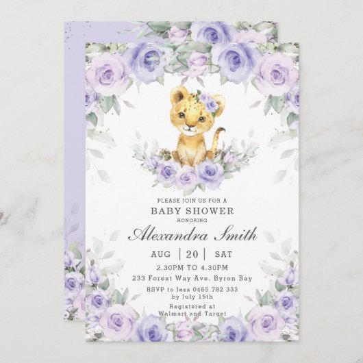 パープル薄紫フローラかわいいライオンかわいい女の子ベビーシャワー 招待状 (正面/裏面)