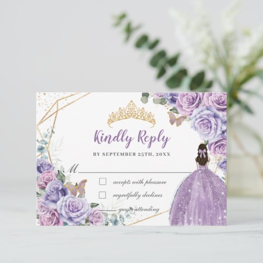 パープル薄紫フローラガールドレスキンセアニラ返信 出欠カード (スタンド正面)