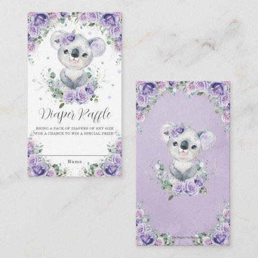 パープル薄紫フローラキュートコアラベビーおむつラッフル エンクロージャーカード (正面/裏面)