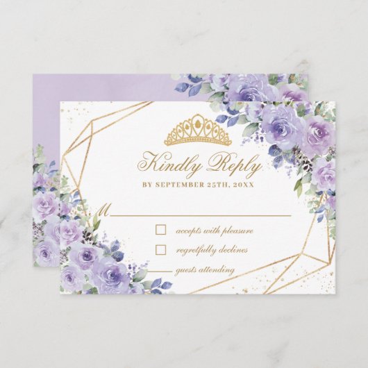 パープル薄紫フローラキンセアニラ金ゴールドクラウンティアラ 出欠カード (正面/裏面)