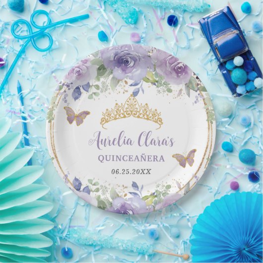 パープル薄紫フローラクインセアニラクラウン蝶 ペーパープレート (パーティー)