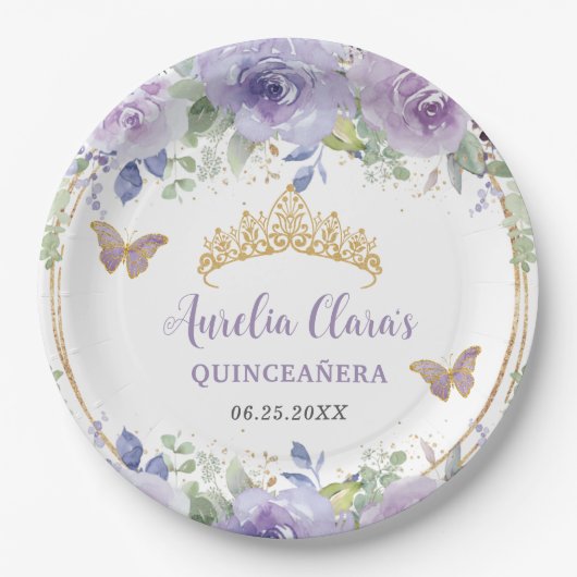 パープル薄紫フローラクインセアニラクラウン蝶 ペーパープレート (正面)