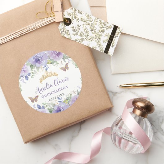 パープル薄紫フローラクインセアニラクラウン蝶 ラウンドシール (ギフト)