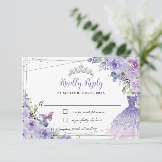 パープル薄紫フローラシルバーキンセアニラドレスガウン 出欠カード (スタンド正面)