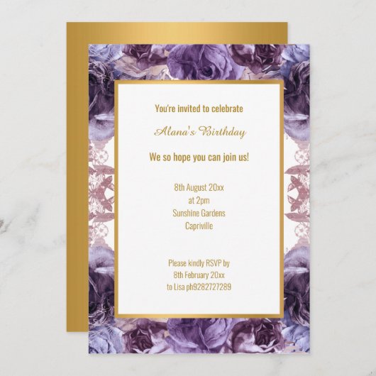 パープル薄紫フローラスタイル誕生日すべて 招待状 (正面/裏面)