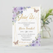 パープル薄紫フローラバタフライ誕生日退職 招待状 (スタンド正面)