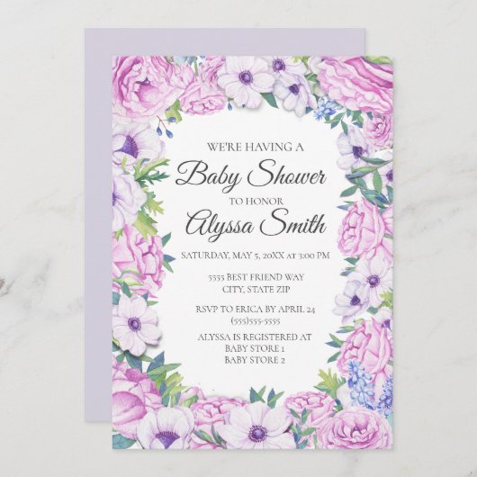 パープル薄紫フローラフローラベビーシャワー招待状 招待状 (正面/裏面)