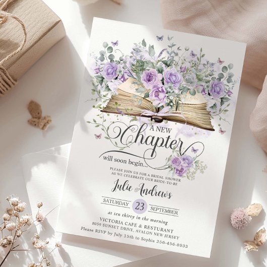 パープル薄紫フローラブックニューチャプタブライダルシャワー 招待状