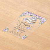 パープル薄紫フローラブックニューチャプター赤ちゃんシャワー アクリル招待状 (レイダウン)