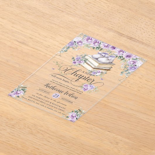 パープル薄紫フローラブックニューチャプター赤ちゃんシャワー アクリル招待状 (レイダウン)