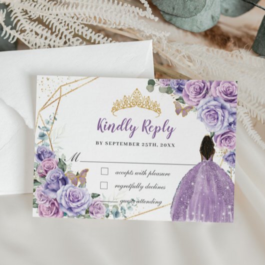 パープル薄紫フローラブラウンガールキンセアニラ返信 出欠カード