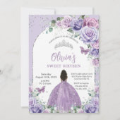 パープル薄紫フローラブラウンガールスウィート16誕生日 招待状 (正面)