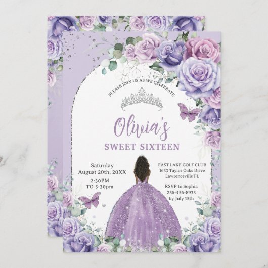 パープル薄紫フローラブラウンガールスウィート16誕生日 招待状 (正面/裏面)