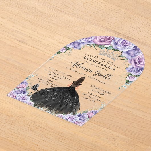 パープル薄紫フローラブラックドレスシルバーシルバーキンセアニェラ アクリル招待状 (レイダウン)