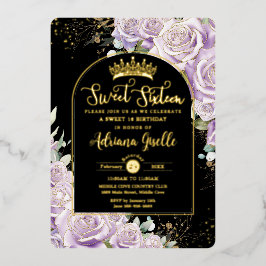 パープル薄紫フローラブラック金ゴールドスウィート16誕生日 箔招待状