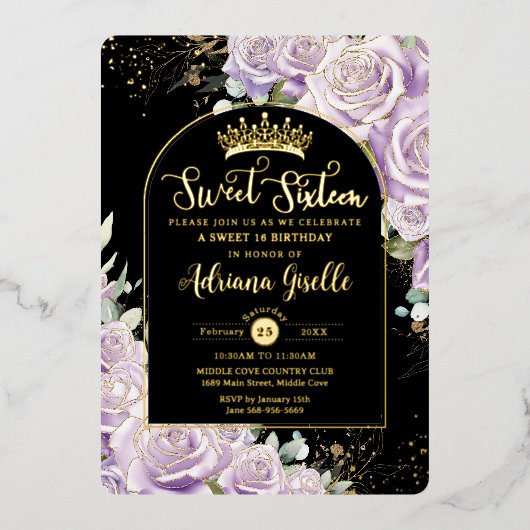 パープル薄紫フローラブラック金ゴールドスウィート16誕生日 箔招待状 (正面)