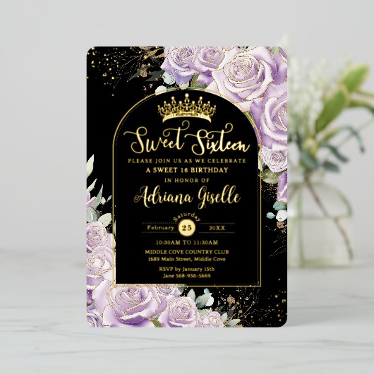 パープル薄紫フローラブラック金ゴールドスウィート16誕生日 箔招待状 (立ち正面)