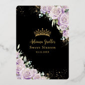パープル薄紫フローラブラック金ゴールドスウィート16誕生日 箔招待状 (裏面)