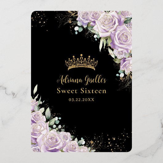 パープル薄紫フローラブラック金ゴールドスウィート16誕生日 箔招待状 (裏面)