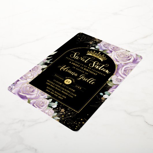 パープル薄紫フローラブラック金ゴールドスウィート16誕生日 箔招待状 (回転した状態)