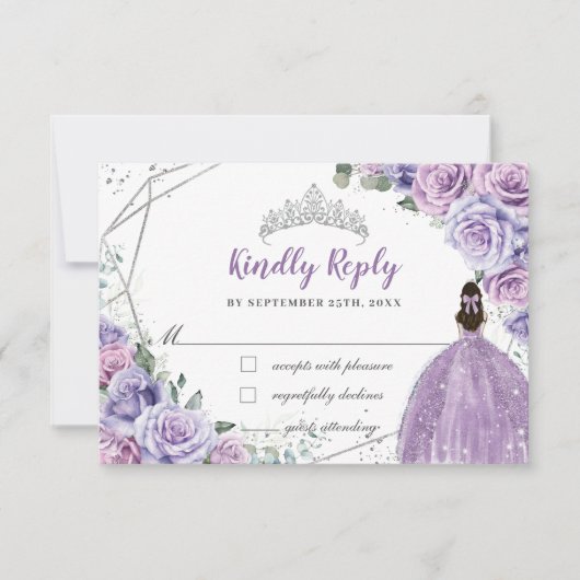 パープル薄紫フローラプリンセスキンセアニラ応答 出欠カード (正面)