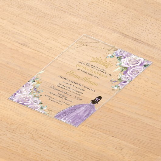 パープル薄紫フローラプリンセス金ゴールドキンセアニェラ15 アクリル招待状 (レイダウン)