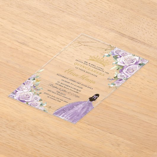 パープル薄紫フローラプリンセス金ゴールドキンセアニラXV アクリル招待状 (レイダウン)