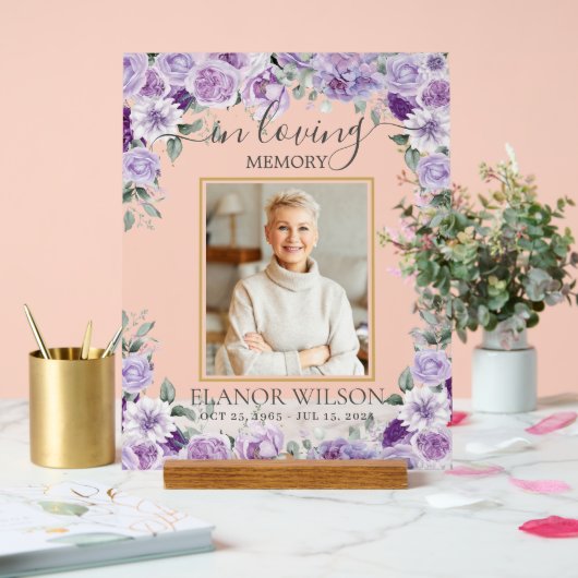 パープル薄紫フローラ葬儀記念写真写真 アクリルサイン (ウェディング)