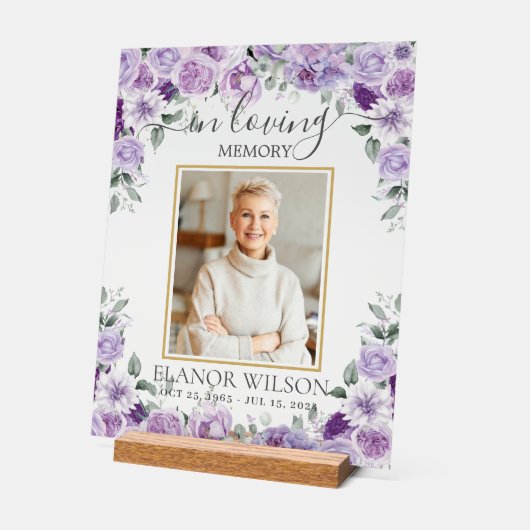 パープル薄紫フローラ葬儀記念写真写真 アクリルサイン (傾斜)