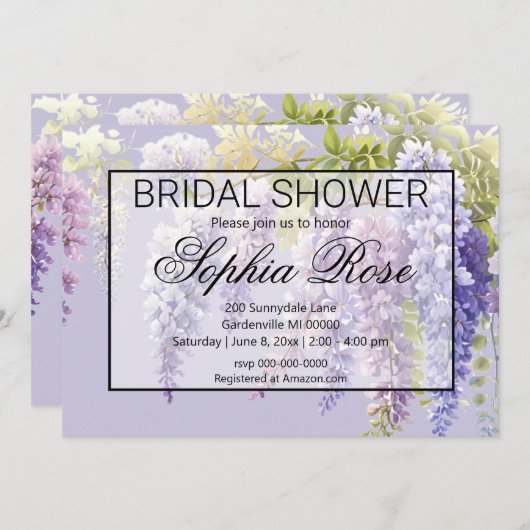 パープル薄紫フローラ藤ブライダルシャワー 招待状 (正面/裏面)