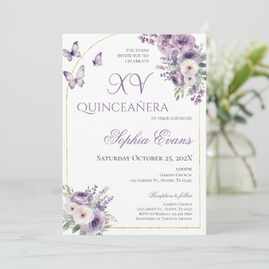 パープル薄紫フローラ蝶キンセアニラ 招待状 (スタンド正面)