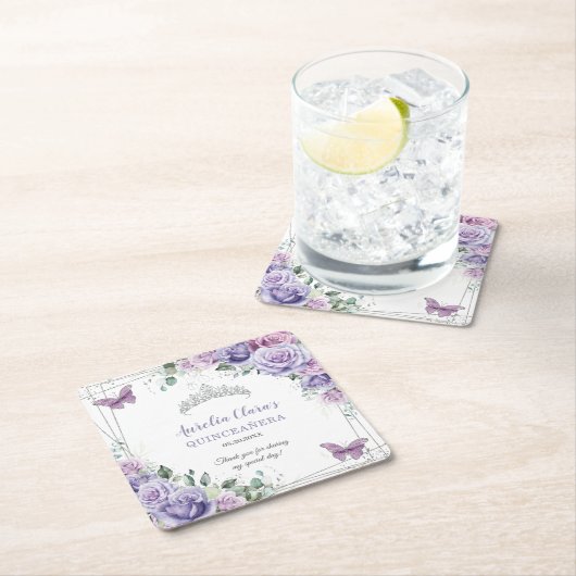 パープル薄紫フローラ蝶シルバーキンセアニェラ スクエアペーパーコースター (インサイチュ)