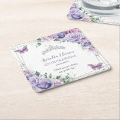 パープル薄紫フローラ蝶シルバーキンセアニェラ スクエアペーパーコースター (アングル)