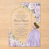 パープル薄紫フローラ金ゴールドキンセアニラスイート16 XV アクリル招待状 (正面)