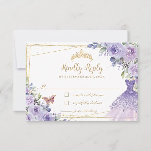 パープル薄紫フローラ金ゴールドキンセアニラドレスガウン 出欠カード (正面)