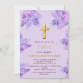 パープル薄紫フローラ金ゴールドクロスガールバプテスマ 招待状 (正面)