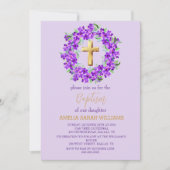 パープル薄紫フローラ金ゴールドクロスガールバプテスマ 招待状 (正面)
