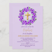 パープル薄紫フローラ金ゴールドクロスガールバプテスマ 招待状 (正面/裏面)