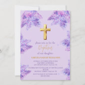 パープル薄紫フローラ金ゴールドクロスガールバプテスマ 招待状 (正面)