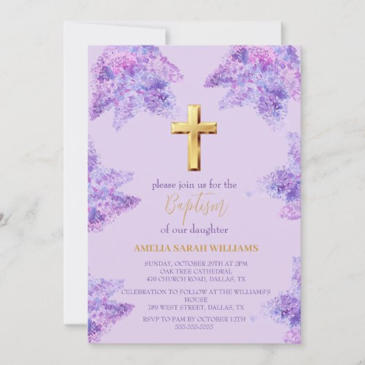 パープル薄紫フローラ金ゴールドクロスガールバプテスマ 招待状 (正面)
