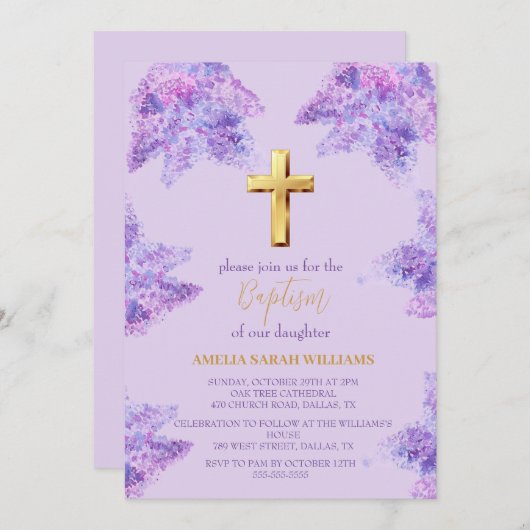 パープル薄紫フローラ金ゴールドクロスガールバプテスマ 招待状 (正面/裏面)
