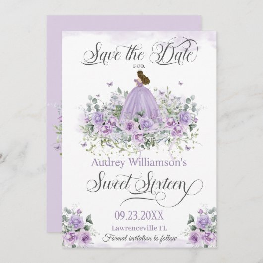 パープル薄紫フローラSweet sixteen16誕生日 セーブザデート (正面/裏面)