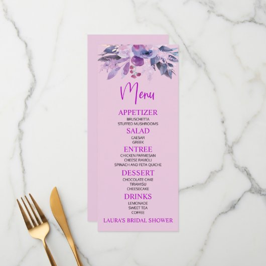 パープル薄紫ブライダルシャワーフードメニュー メニュー (正面/裏面インサイチュ)