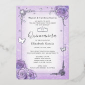 パープル薄紫ラベンダーフローラキンセアニラシルバー 箔招待状 (正面)