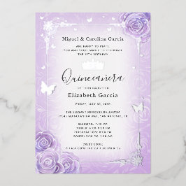 パープル薄紫ラベンダーフローラキンセアニラシルバー 箔招待状