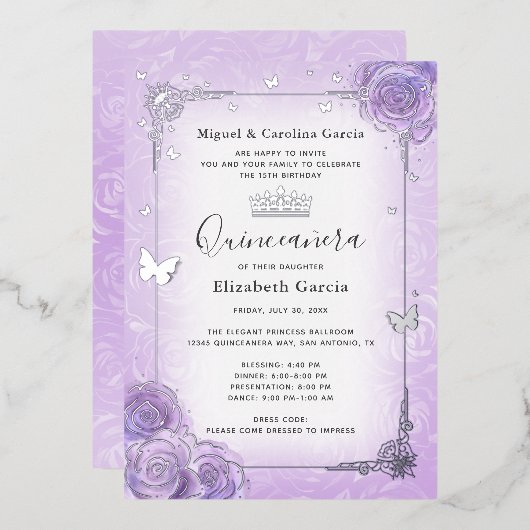 パープル薄紫ラベンダーフローラキンセアニラシルバー 箔招待状 (正面/裏面)