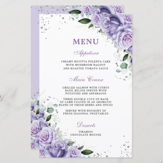 パープル薄紫ラベンダーフローラ結婚のブライダルメニュー (正面/裏面)