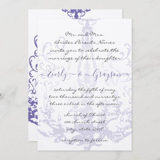 パープル薄紫ヴィンテージアンティーク結婚シャンデリアI 招待状 (正面/裏面)